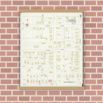 Old map wall art mockup — magnetic wood frame on brick wall — Sanborn Fire Insurance Map from Bowling Green, Wood County, Ohio (1908), Sheet #0002