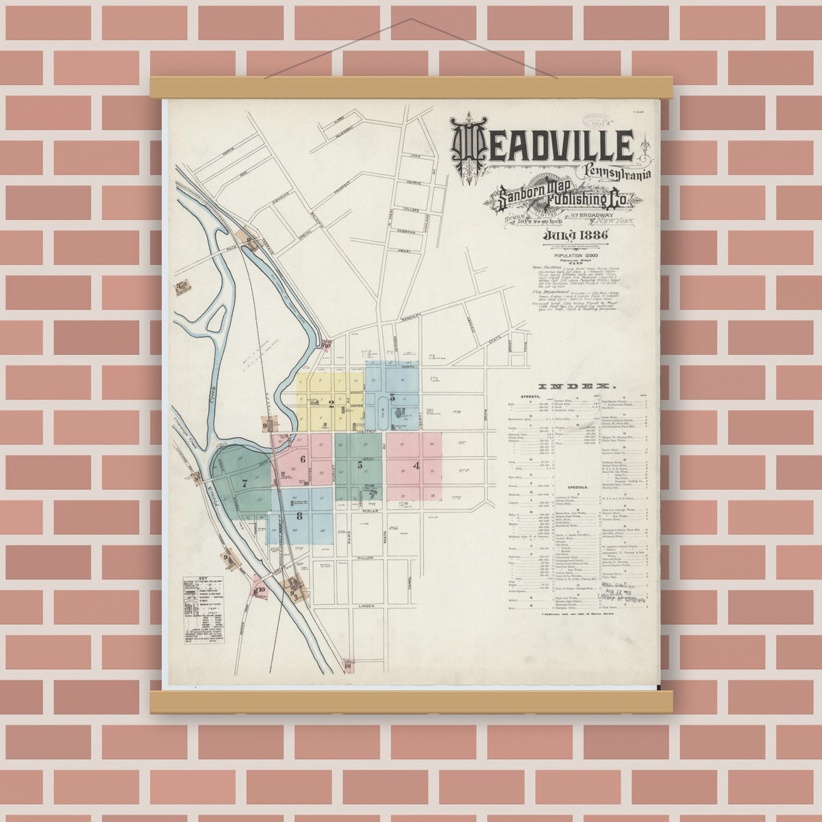 Old map wall art mockup — magnetic wood frame on brick wall — Sanborn Fire Insurance Map from Meadville, Crawford County, Pennsylvania (1886), Sheet #0001