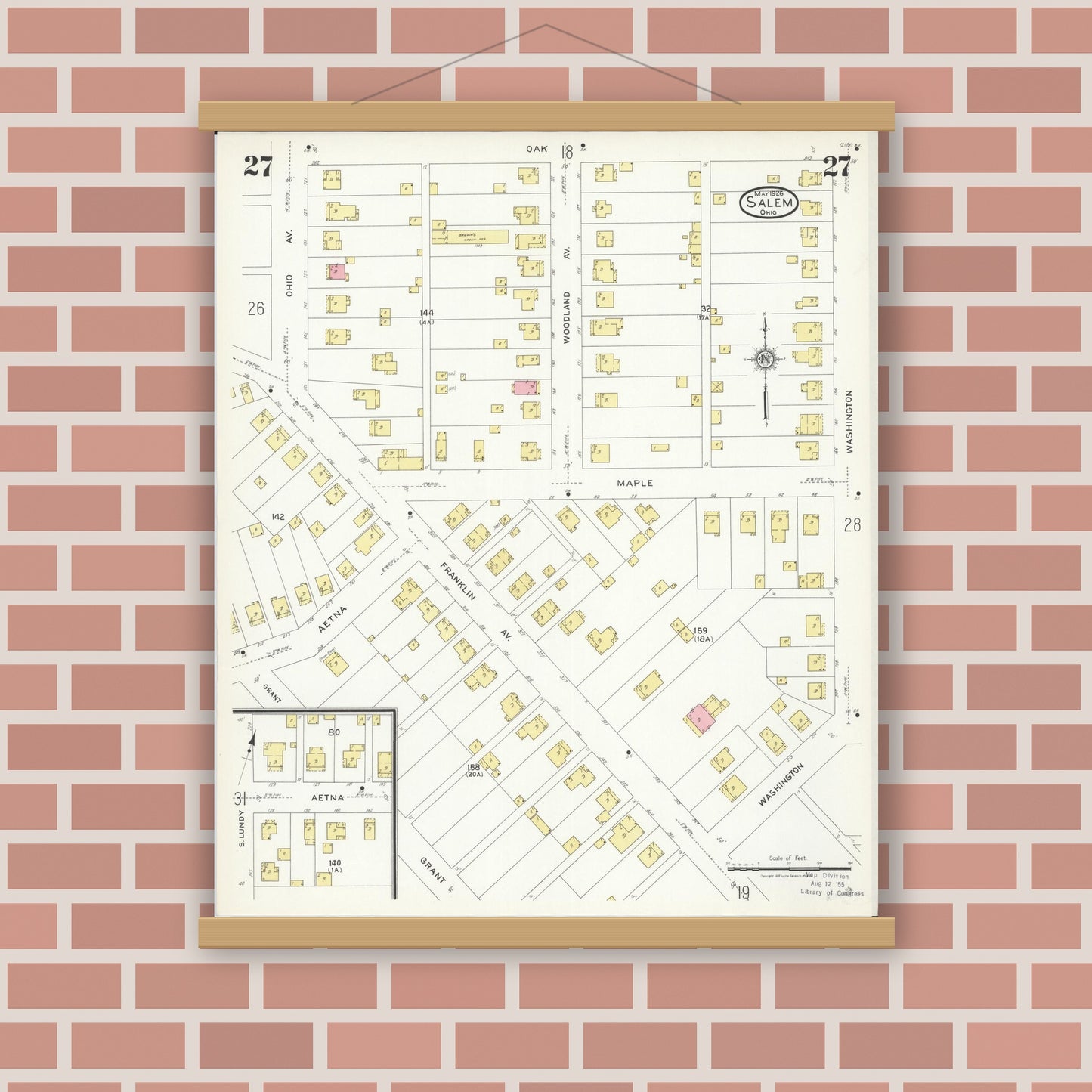 Old map wall art mockup — magnetic wood frame on brick wall — Sanborn Fire Insurance Map from Salem, Columbiana County, Ohio (1926), Sheet #0027