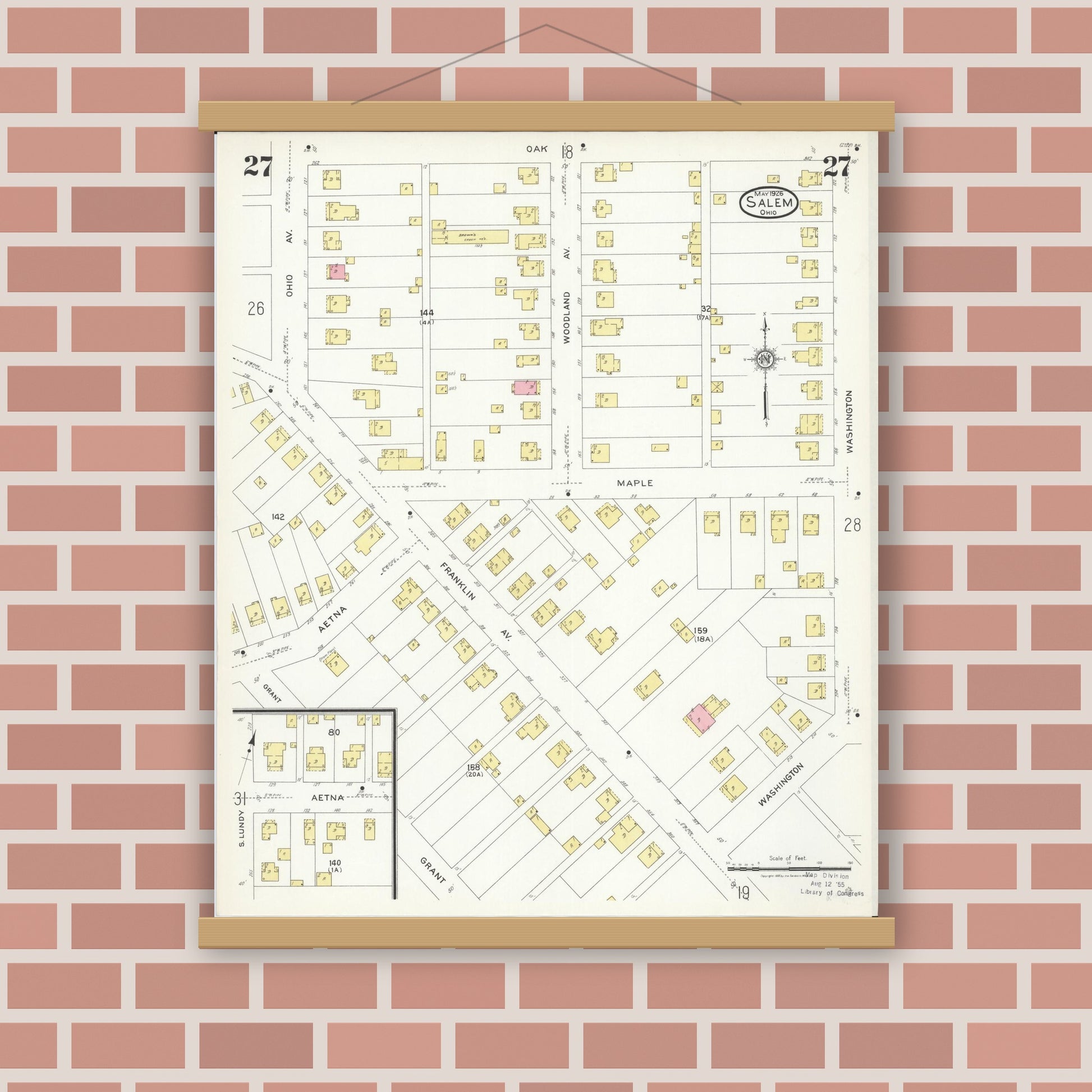 Old map wall art mockup — magnetic wood frame on brick wall — Sanborn Fire Insurance Map from Salem, Columbiana County, Ohio (1926), Sheet #0027