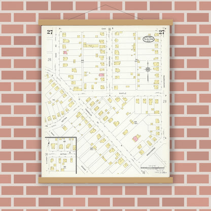 Old map wall art mockup — magnetic wood frame on brick wall — Sanborn Fire Insurance Map from Salem, Columbiana County, Ohio (1926), Sheet #0027