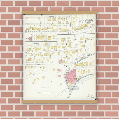 Old map wall art mockup — magnetic wood frame on brick wall — Sanborn Fire Insurance Map from East Liverpool, Columbiana County, Ohio (1903), Sheet #0016