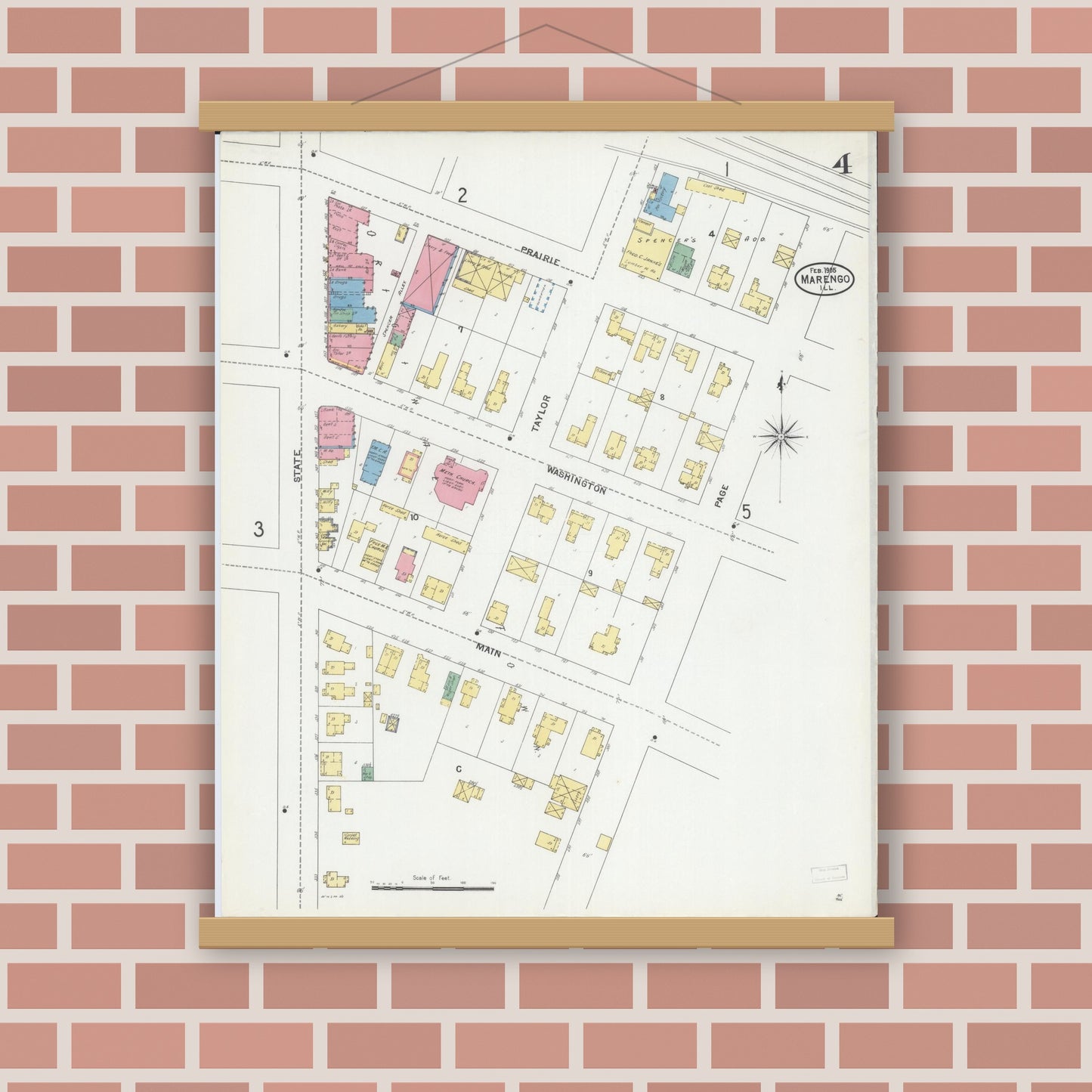 Old map wall art mockup — magnetic wood frame on brick wall — Sanborn Fire Insurance Map from Marengo, McHenry County, Illinois (1905), Sheet #0004