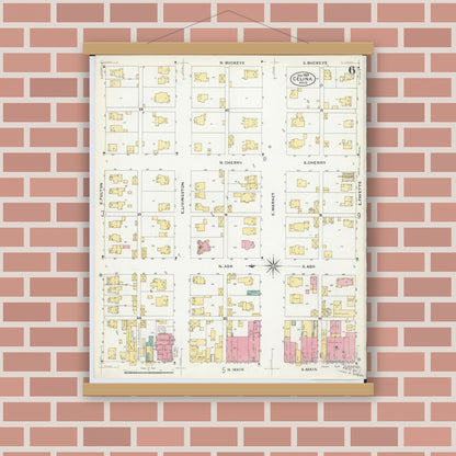 Old map wall art mockup — magnetic wood frame on brick wall — Sanborn Fire Insurance Map from Celina, Mercer County, Ohio (1907), Sheet #0006