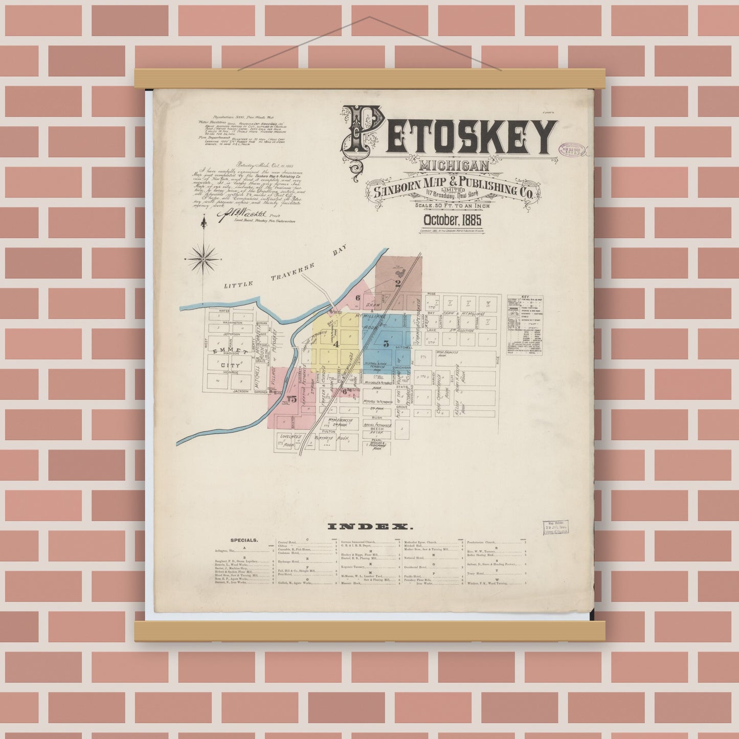 Old map wall art mockup — magnetic wood frame on brick wall — Sanborn Fire Insurance Map from Petoskey, Emmet County, Michigan (1885) - Complete Map Set
