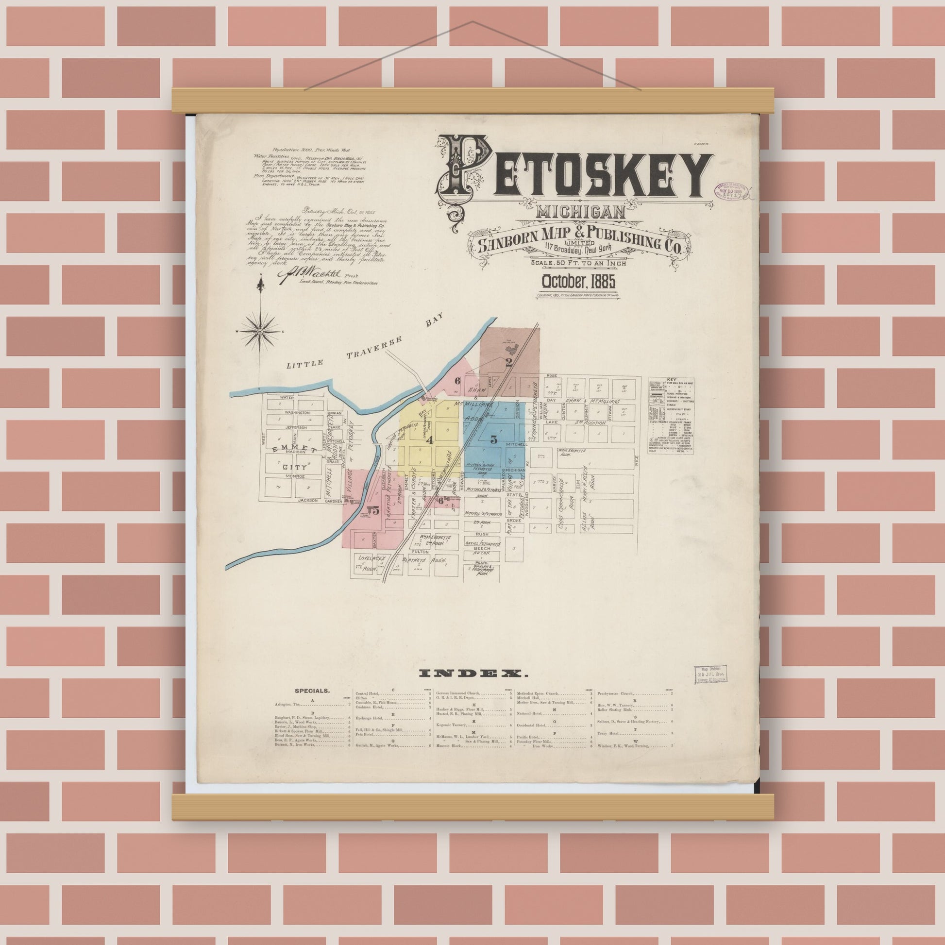 Old map wall art mockup — magnetic wood frame on brick wall — Sanborn Fire Insurance Map from Petoskey, Emmet County, Michigan (1885) - Complete Map Set