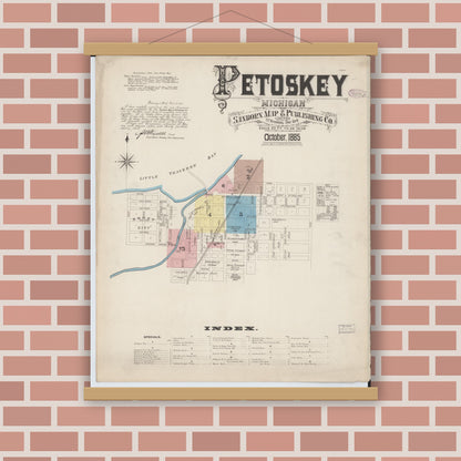 Old map wall art mockup — magnetic wood frame on brick wall — Sanborn Fire Insurance Map from Petoskey, Emmet County, Michigan (1885) - Complete Map Set
