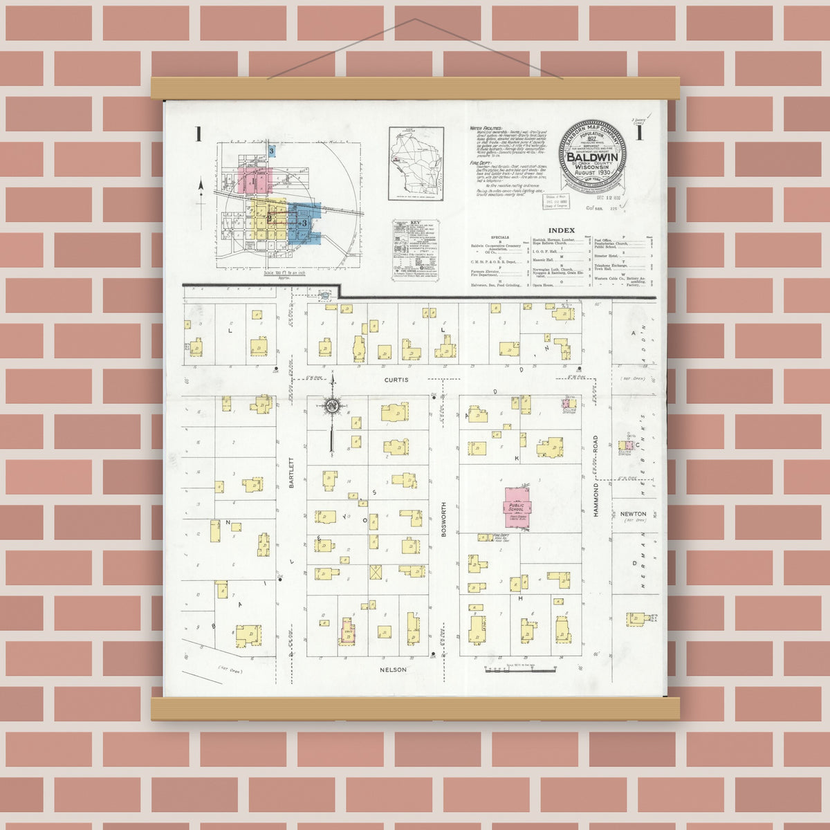 Old map wall art mockup — magnetic wood frame on brick wall — Sanborn Fire Insurance Map from Baldwin, St. Croix County, Wisconsin (1930), Sheet #0001