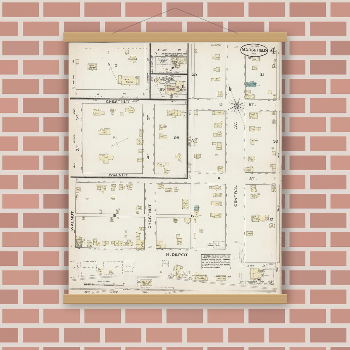 Old map wall art mockup — magnetic wood frame on brick wall — Sanborn Fire Insurance Map from Marshfield, Wood County, Wisconsin (1884), Sheet #0004