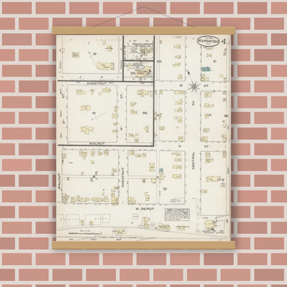 Old map wall art mockup — magnetic wood frame on brick wall — Sanborn Fire Insurance Map from Marshfield, Wood County, Wisconsin (1884), Sheet #0004