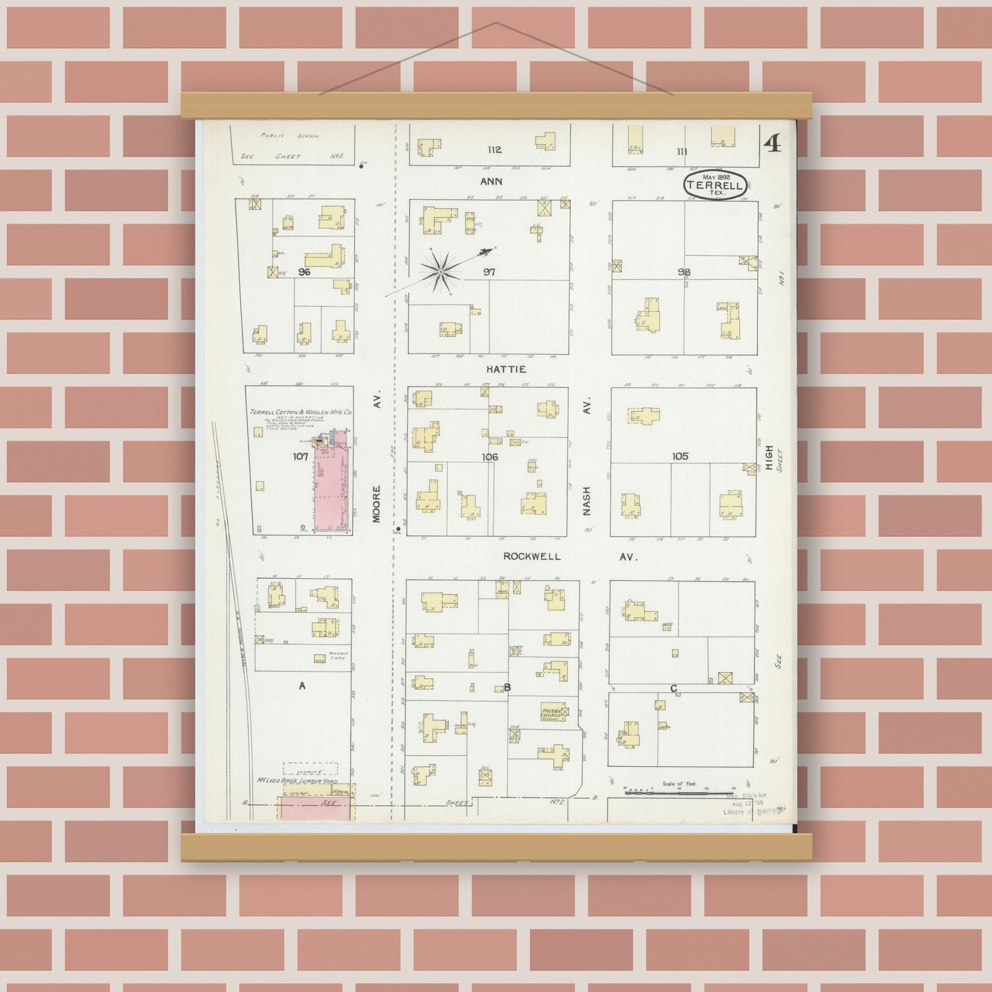 Old map wall art mockup — magnetic wood frame on brick wall — Sanborn Fire Insurance Map from Terrell, Kaufman County, Texas (1892), Sheet #0004