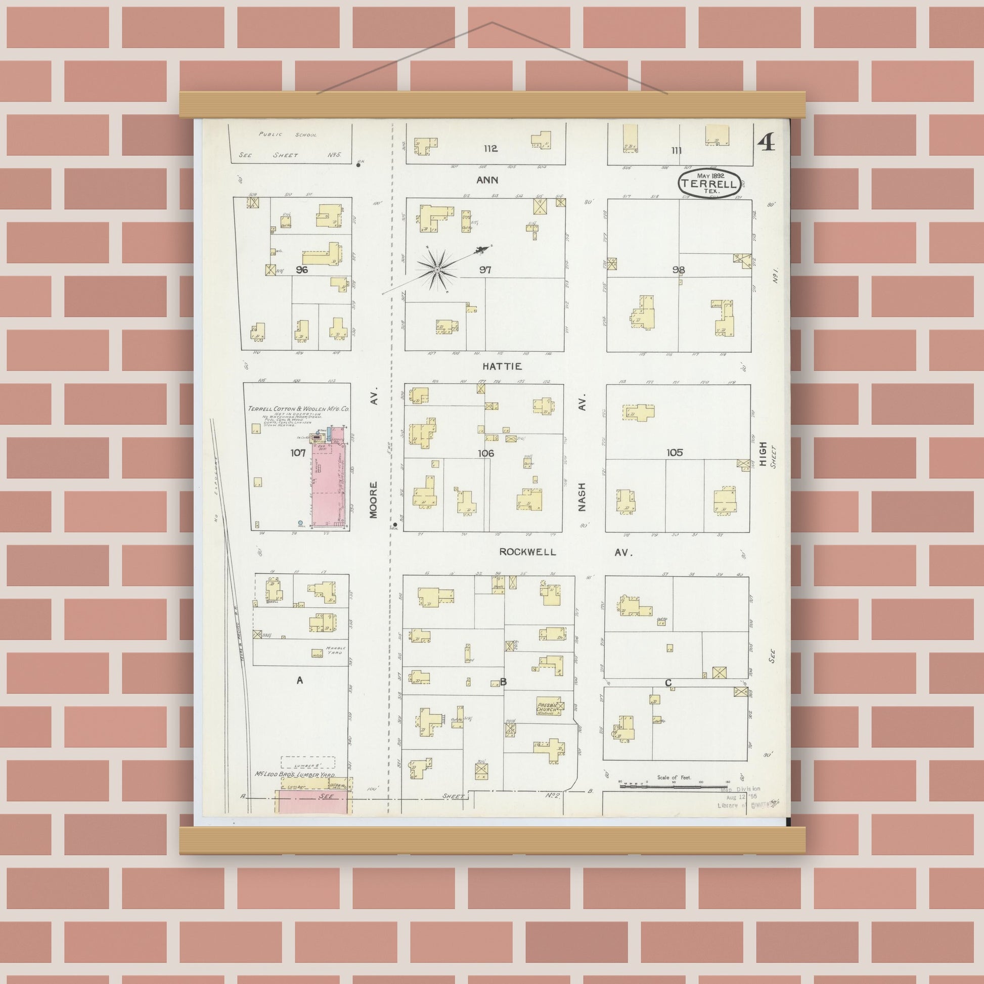 Old map wall art mockup — magnetic wood frame on brick wall — Sanborn Fire Insurance Map from Terrell, Kaufman County, Texas (1892), Sheet #0004