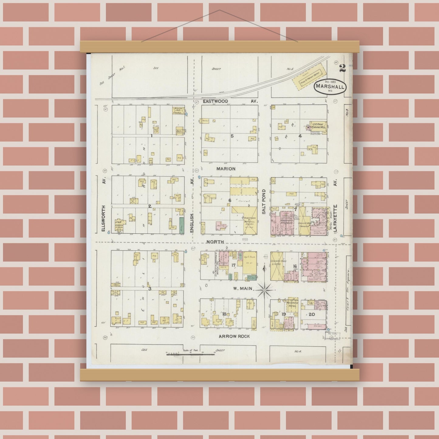 Old map wall art mockup — magnetic wood frame on brick wall — Sanborn Fire Insurance Map from Marshall, Saline County, Missouri (1889), Sheet #0002