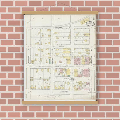 Old map wall art mockup — magnetic wood frame on brick wall — Sanborn Fire Insurance Map from Marshall, Saline County, Missouri (1889), Sheet #0002