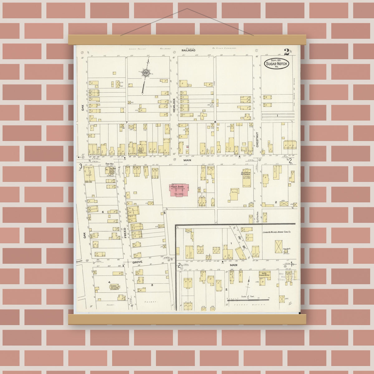 Old map wall art mockup — magnetic wood frame on brick wall — Sanborn Fire Insurance Map from Sugar Notch, Luzerne County, Pennsylvania (1911), Sheet #0002