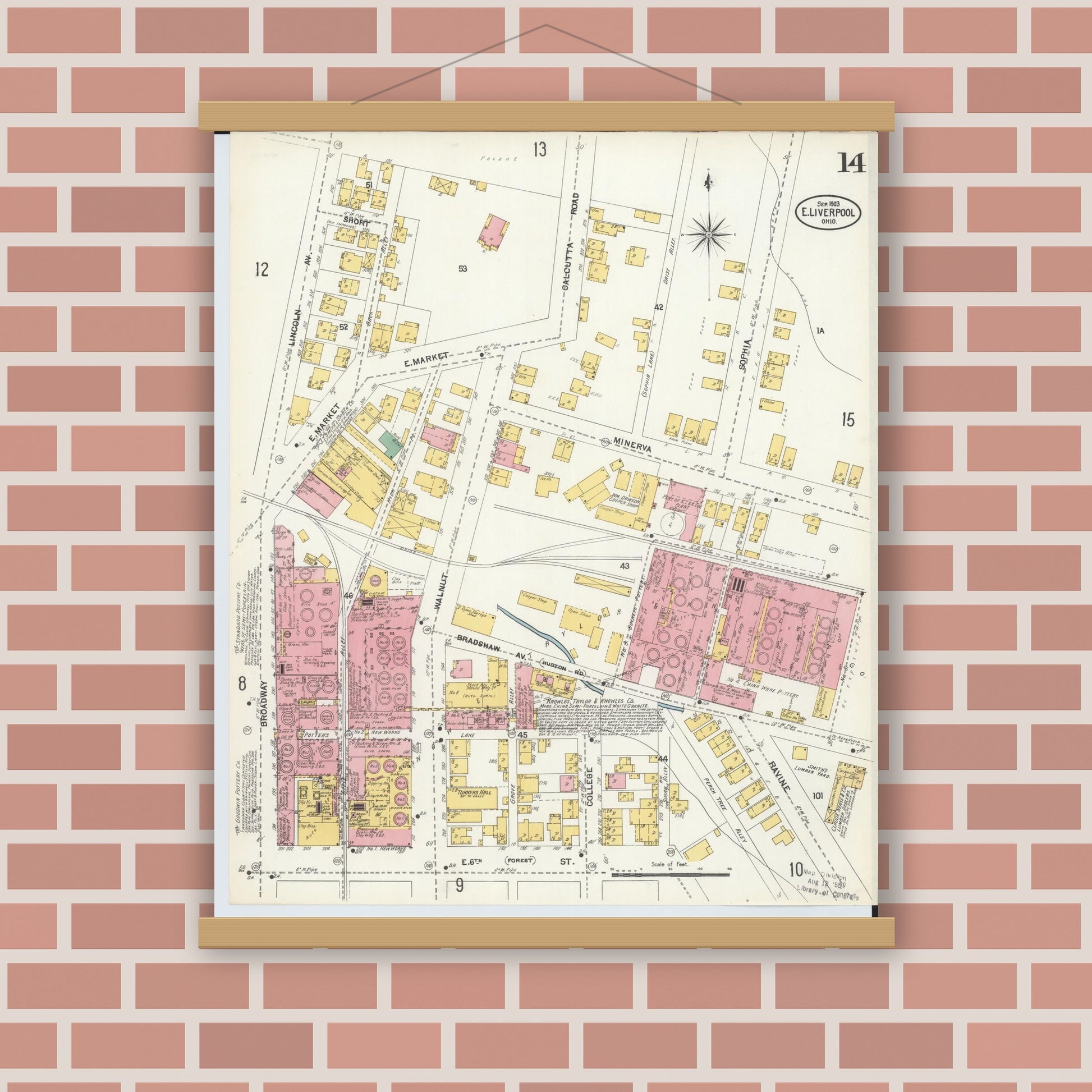 Old map wall art mockup — magnetic wood frame on brick wall — Sanborn Fire Insurance Map from East Liverpool, Columbiana County, Ohio (1903), Sheet #0014