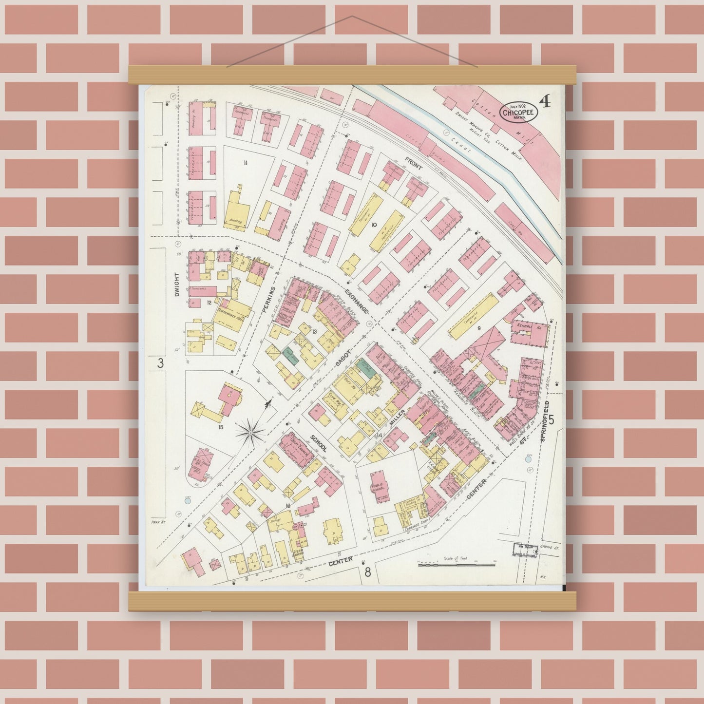 Old map wall art mockup — magnetic wood frame on brick wall — Sanborn Fire Insurance Map from Chicopee, Hampden County, Massachusetts (1902), Sheet #0004