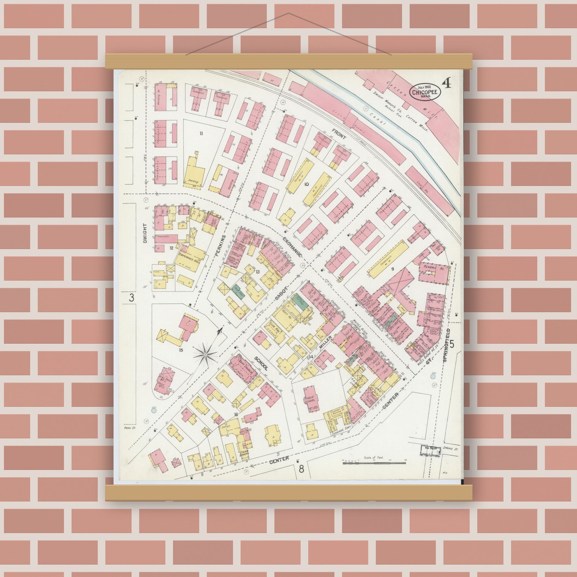 Old map wall art mockup — magnetic wood frame on brick wall — Sanborn Fire Insurance Map from Chicopee, Hampden County, Massachusetts (1902), Sheet #0004