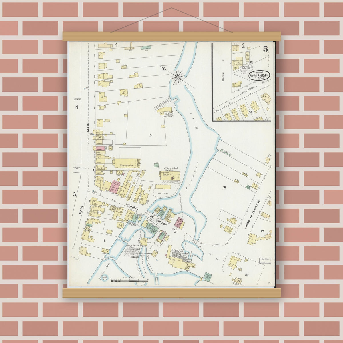 Old map wall art mockup — magnetic wood frame on brick wall — Sanborn Fire Insurance Map from Riverhead, Suffolk County, New York (1897), Sheet #0005