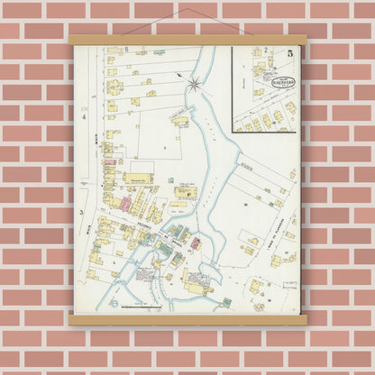 Old map wall art mockup — magnetic wood frame on brick wall — Sanborn Fire Insurance Map from Riverhead, Suffolk County, New York (1897), Sheet #0005