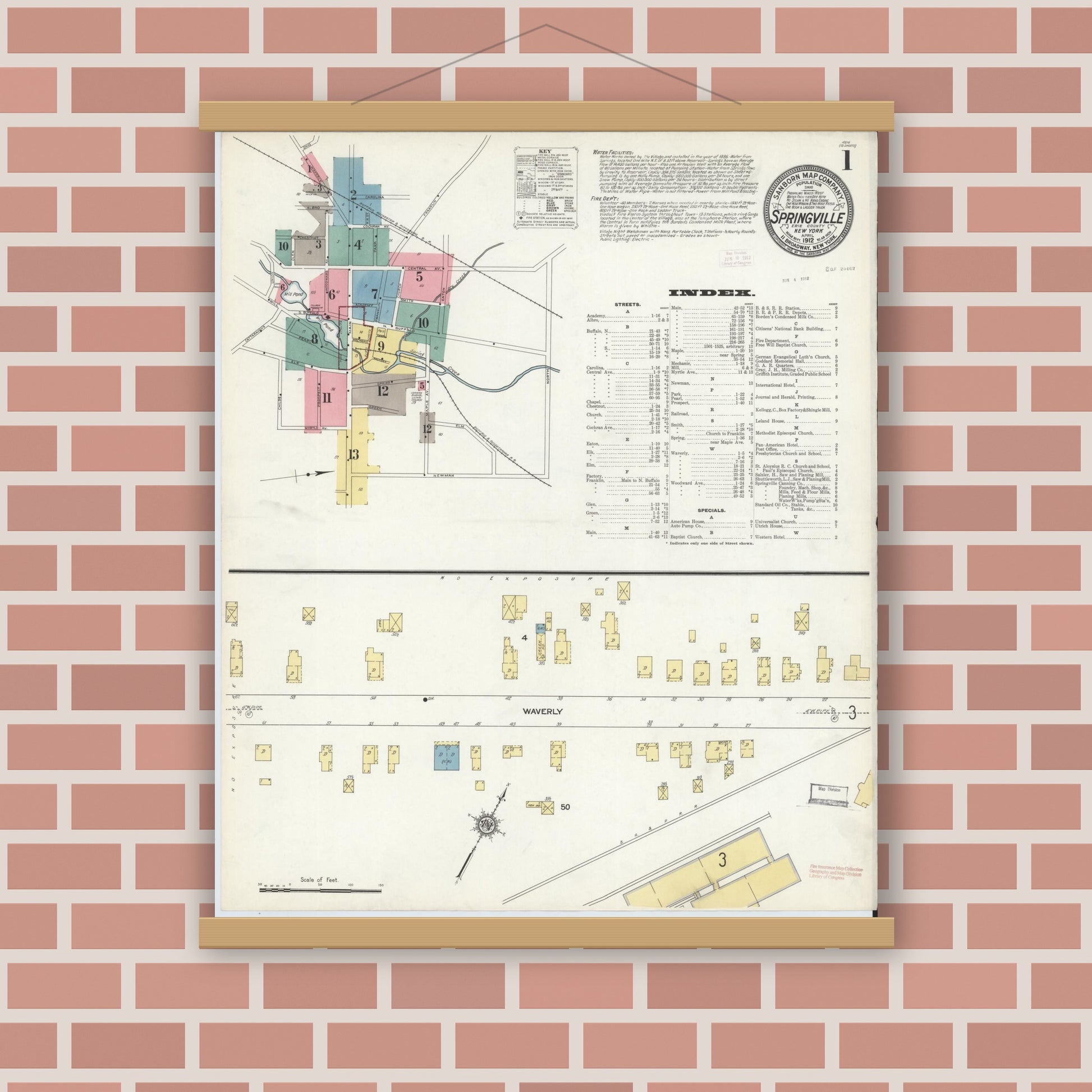 Old map wall art mockup — magnetic wood frame on brick wall — Sanborn Fire Insurance Map from Springville, Erie County, New York (1912) - Complete Map Set