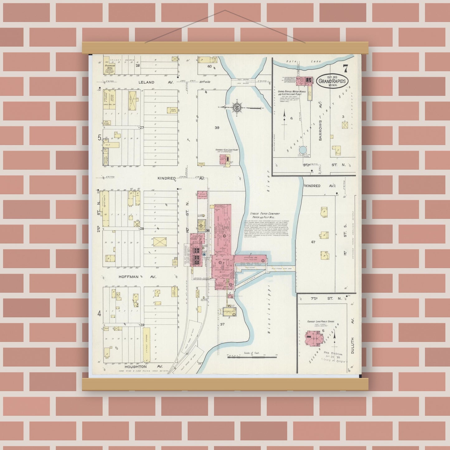 Old map wall art mockup — magnetic wood frame on brick wall — Sanborn Fire Insurance Map from Grand Rapids, Itasca County, Minnesota (1913), Sheet #0007