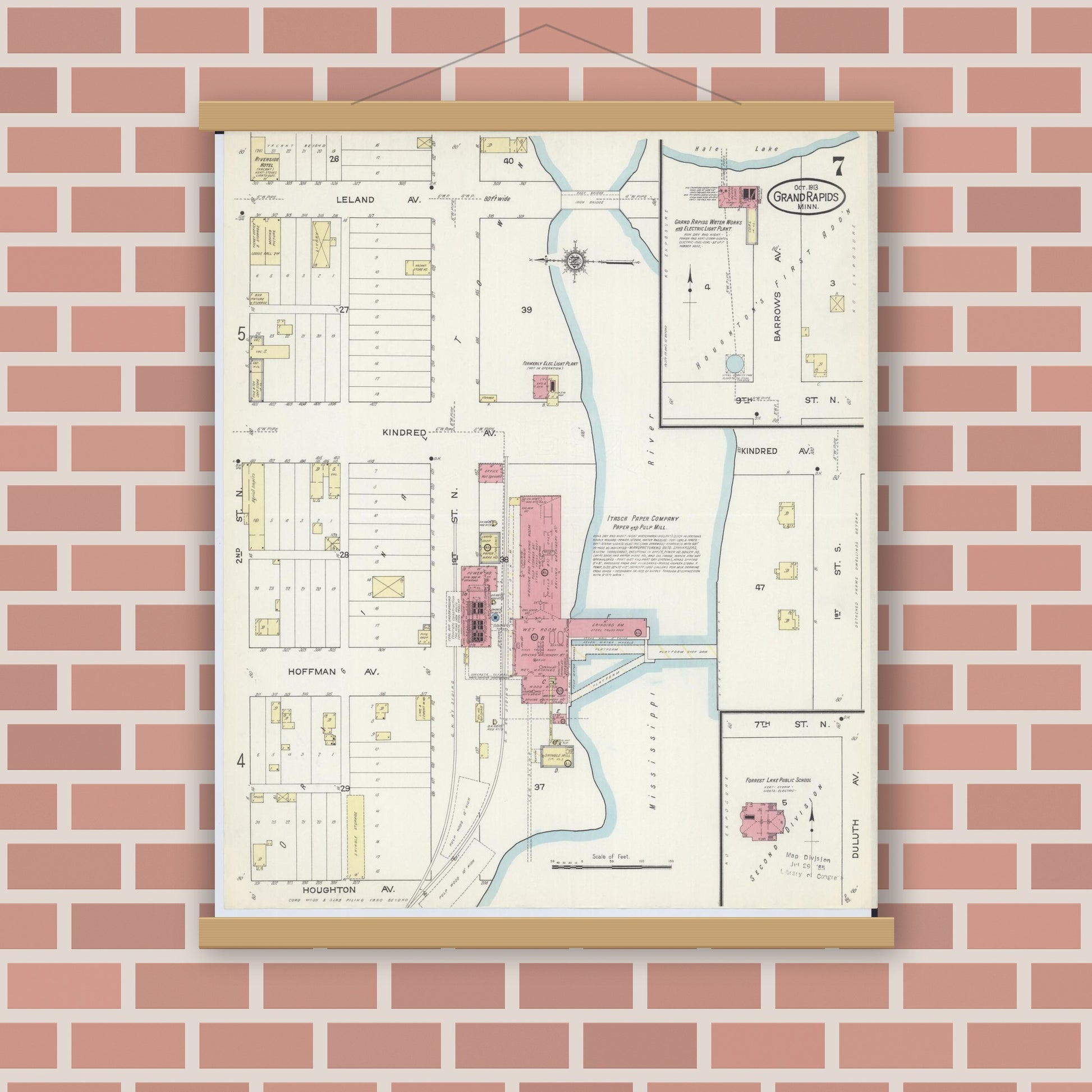 Old map wall art mockup — magnetic wood frame on brick wall — Sanborn Fire Insurance Map from Grand Rapids, Itasca County, Minnesota (1913), Sheet #0007