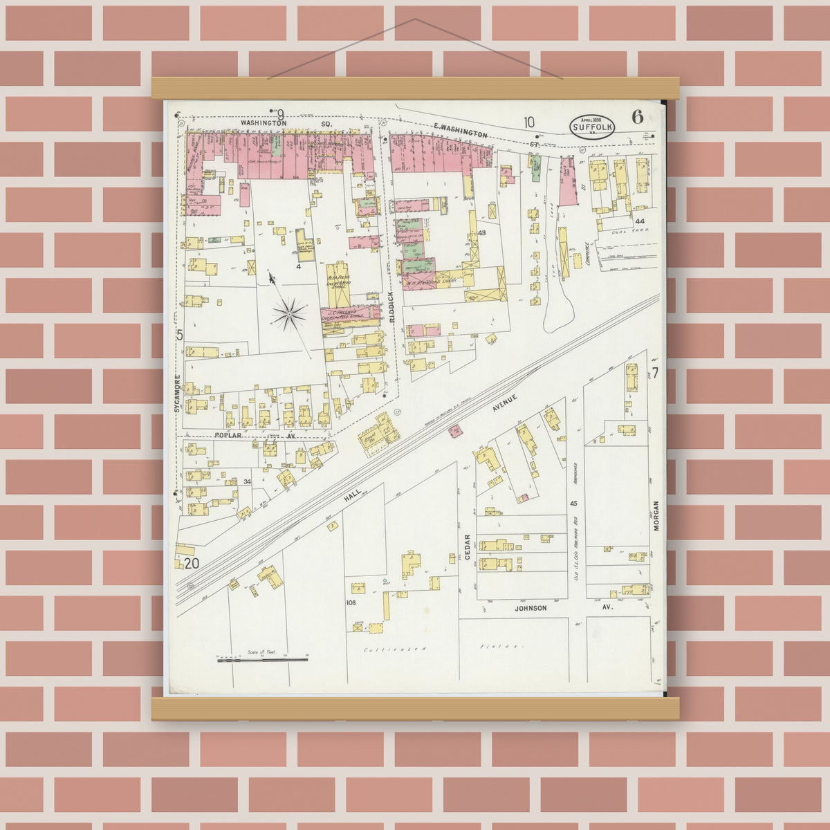 Old map wall art mockup — magnetic wood frame on brick wall — Sanborn Fire Insurance Map from Suffolk, Independent Cities, Virginia (1898), Sheet #0006