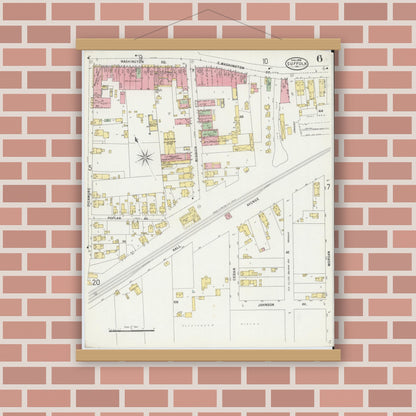 Old map wall art mockup — magnetic wood frame on brick wall — Sanborn Fire Insurance Map from Suffolk, Independent Cities, Virginia (1898), Sheet #0006
