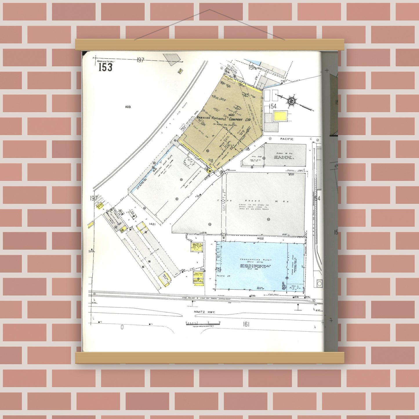 Old map wall art mockup — magnetic wood frame on brick wall — Sanborn Fire Insurance Map from Honolulu, Oahu County, Hawaii (1955), Sheet #0153