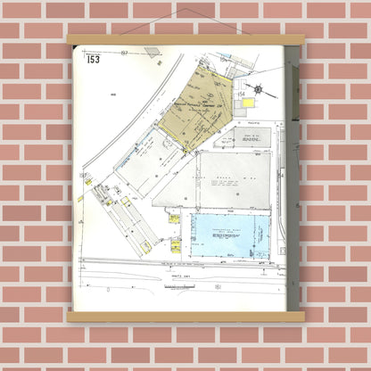 Old map wall art mockup — magnetic wood frame on brick wall — Sanborn Fire Insurance Map from Honolulu, Oahu County, Hawaii (1955), Sheet #0153