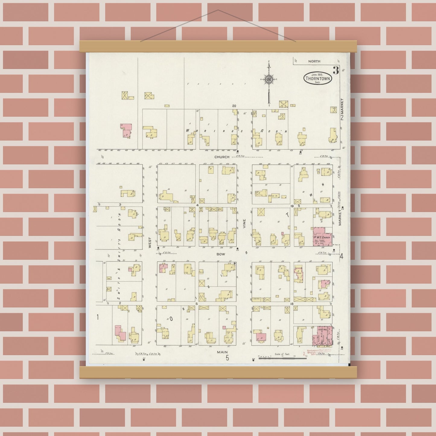 Old map wall art mockup — magnetic wood frame on brick wall — Sanborn Fire Insurance Map from Thorntown, Boone County, Indiana (1915), Sheet #0003