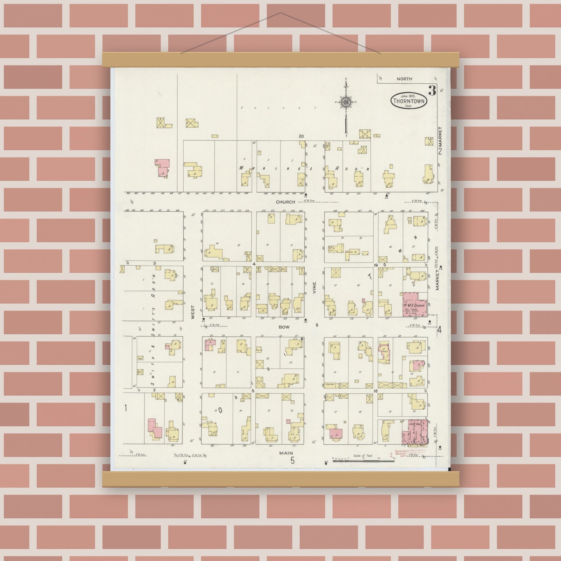 Old map wall art mockup — magnetic wood frame on brick wall — Sanborn Fire Insurance Map from Thorntown, Boone County, Indiana (1915), Sheet #0003