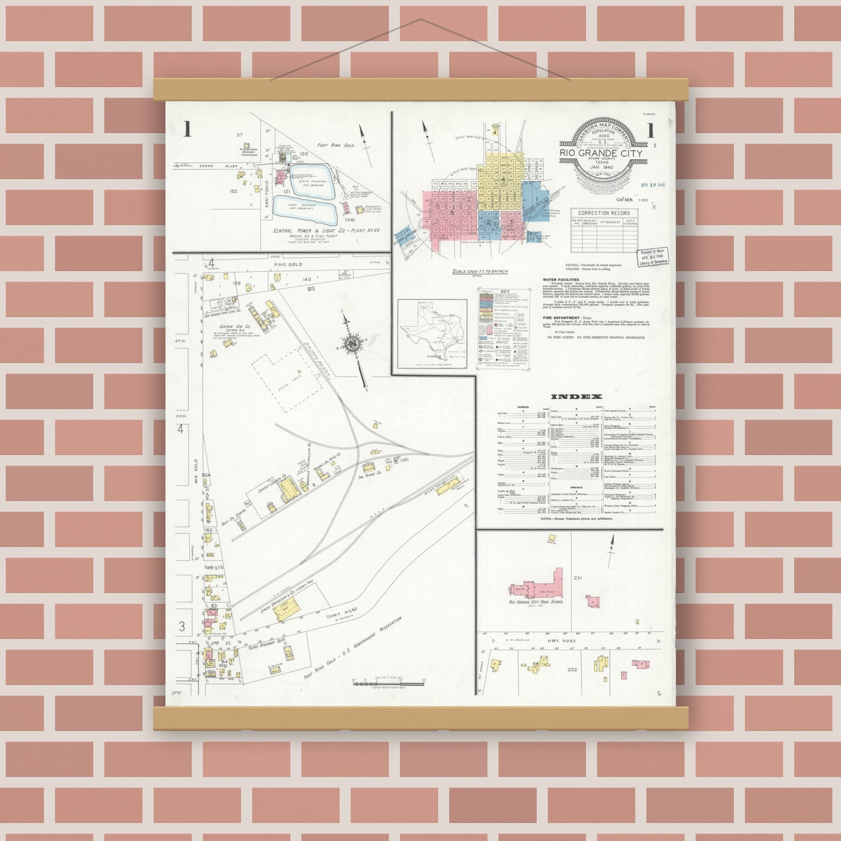 Old map wall art mockup — magnetic wood frame on brick wall — Sanborn Fire Insurance Map from Rio Grande City, Starr County, Texas (1940) - Complete Map Set