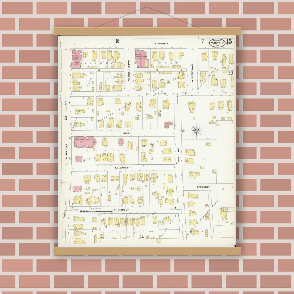 Old map wall art mockup — magnetic wood frame on brick wall — Sanborn Fire Insurance Map from Moberly, Randolph County, Missouri (1909), Sheet #0015
