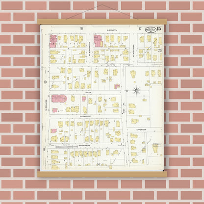 Old map wall art mockup — magnetic wood frame on brick wall — Sanborn Fire Insurance Map from Moberly, Randolph County, Missouri (1909), Sheet #0015