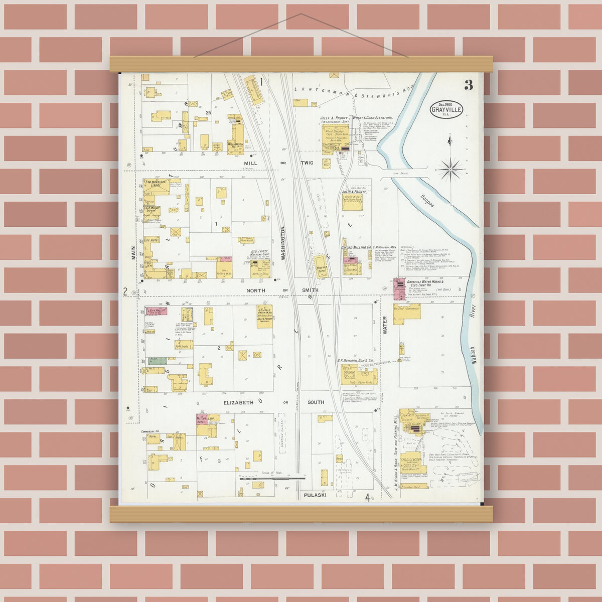 Old map wall art mockup — magnetic wood frame on brick wall — Sanborn Fire Insurance Map from Grayville, White And Edwards Counties, Illinois (1900), Sheet #0003