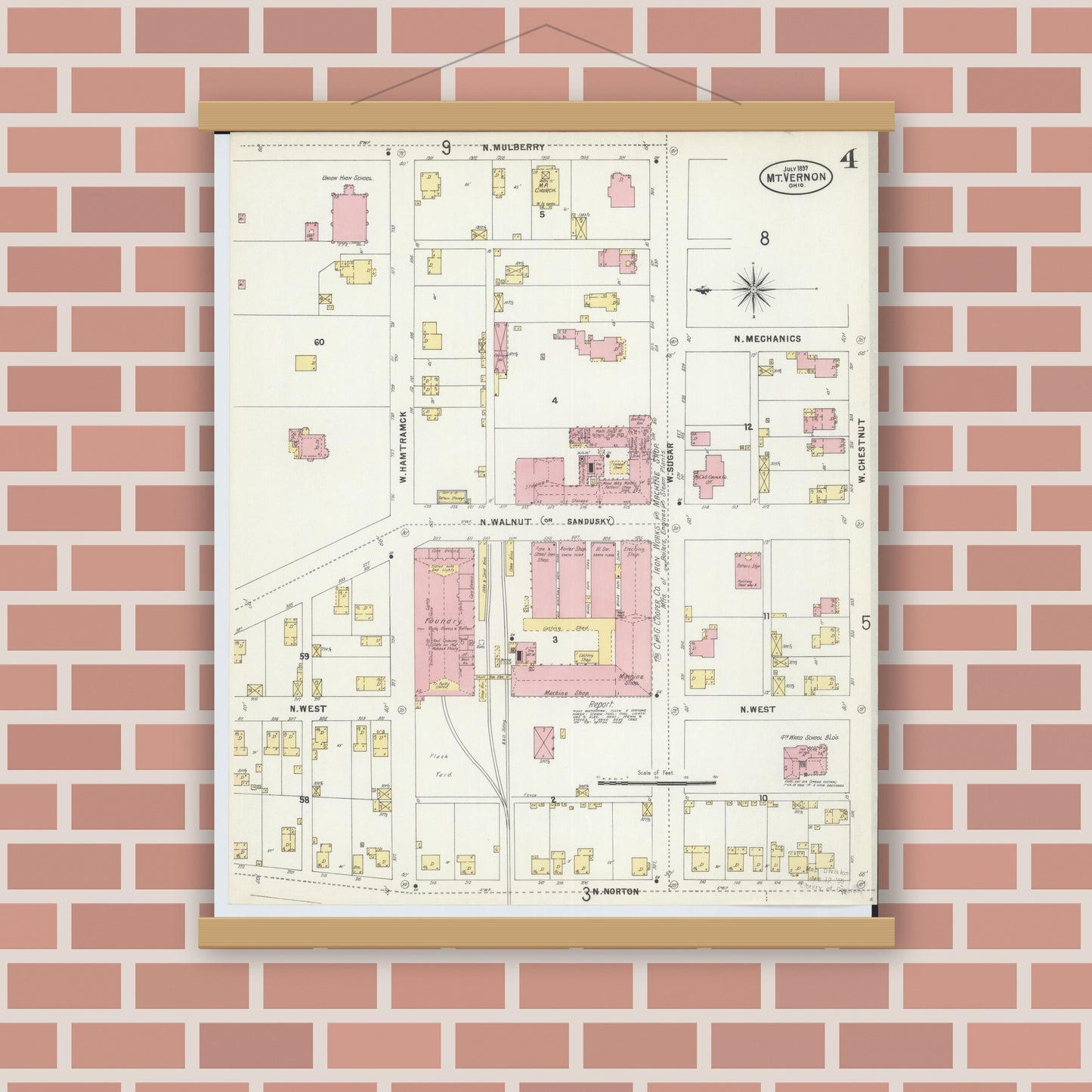 Old map wall art mockup — magnetic wood frame on brick wall — Sanborn Fire Insurance Map from Mount Vernon, Knox County, Ohio (1897), Sheet #0004