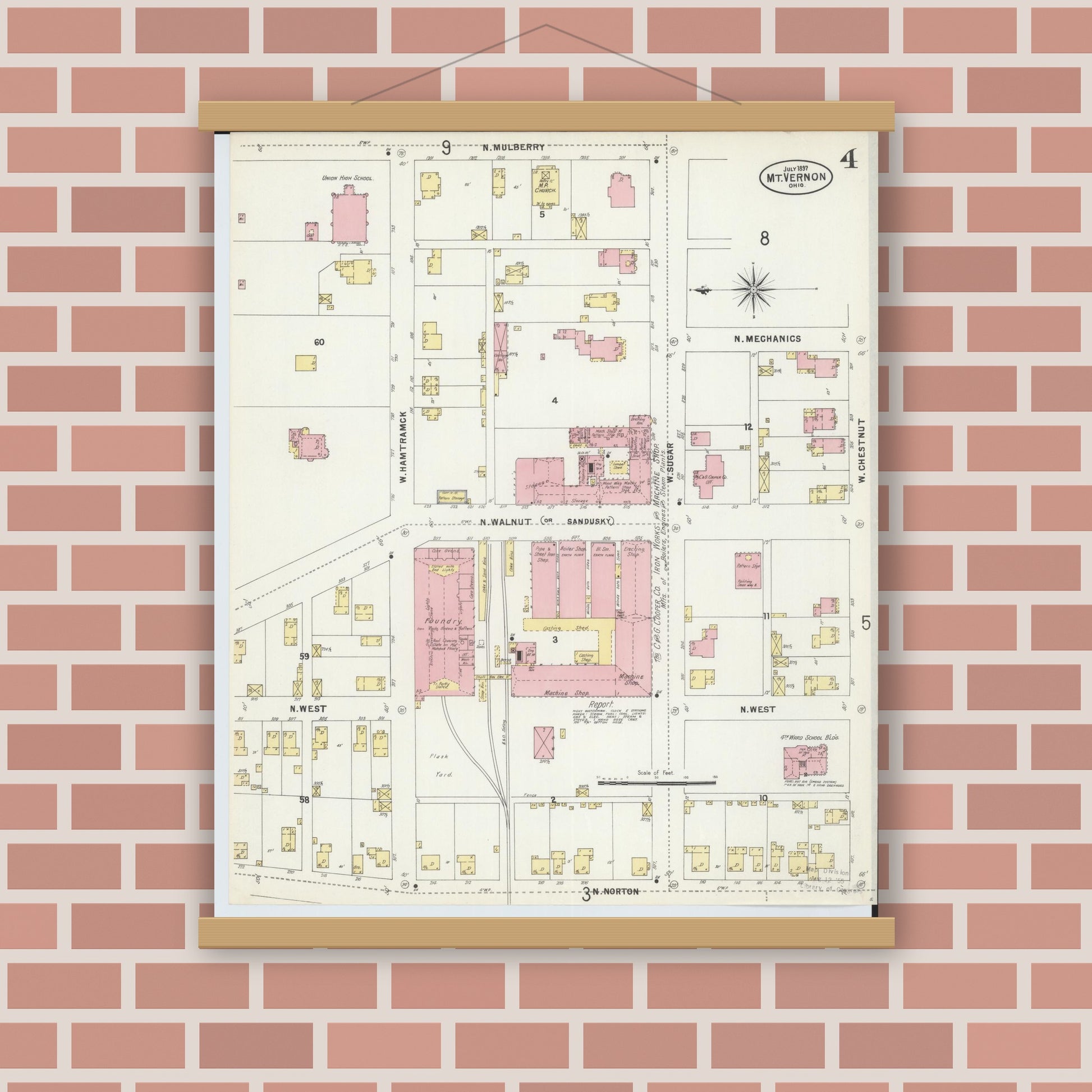 Old map wall art mockup — magnetic wood frame on brick wall — Sanborn Fire Insurance Map from Mount Vernon, Knox County, Ohio (1897), Sheet #0004