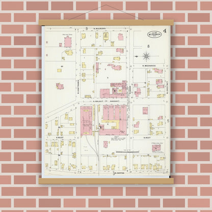 Old map wall art mockup — magnetic wood frame on brick wall — Sanborn Fire Insurance Map from Mount Vernon, Knox County, Ohio (1897), Sheet #0004