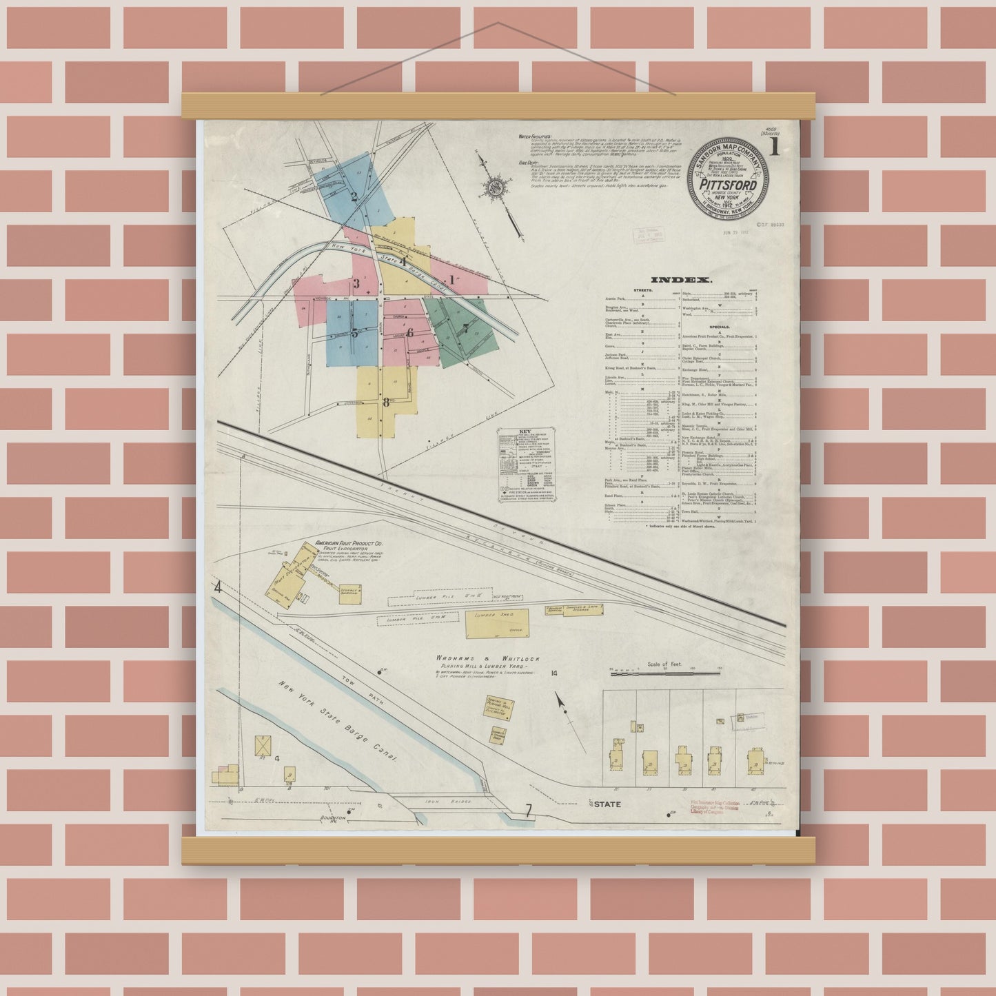 Old map wall art mockup — magnetic wood frame on brick wall — Sanborn Fire Insurance Map from Pittsford, Monroe County, New York (1912) - Complete Map Set