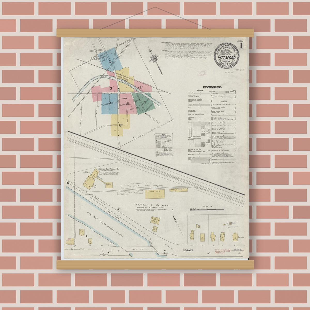 Old map wall art mockup — magnetic wood frame on brick wall — Sanborn Fire Insurance Map from Pittsford, Monroe County, New York (1912) - Complete Map Set