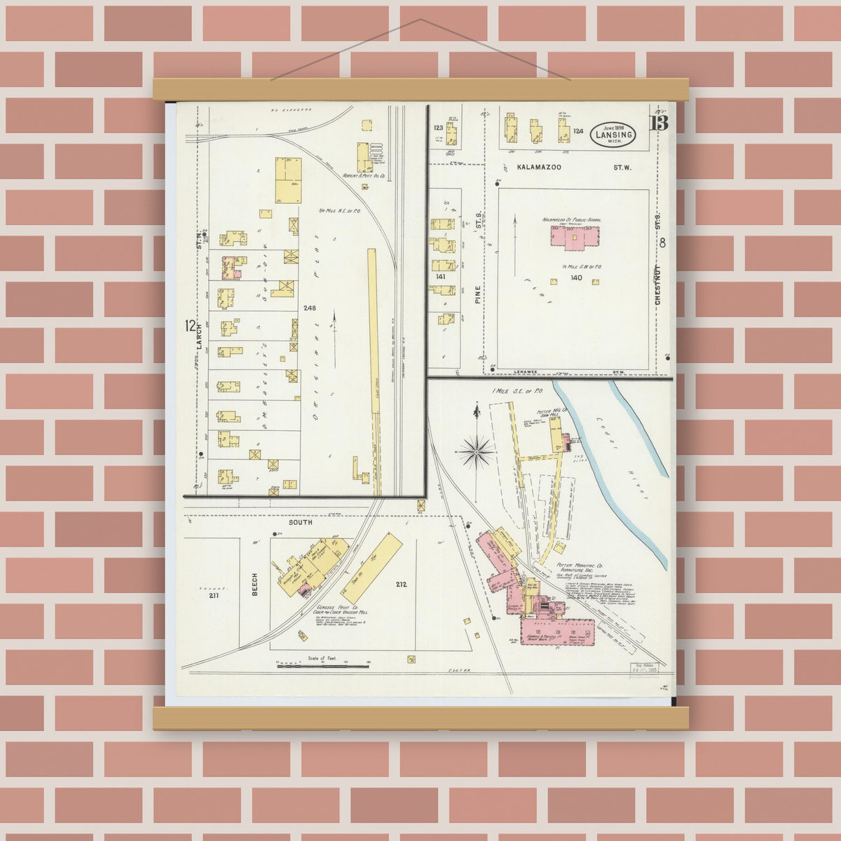 Old map wall art mockup — magnetic wood frame on brick wall — Sanborn Fire Insurance Map from Lansing, Ingham County, Michigan (1898), Sheet #0013
