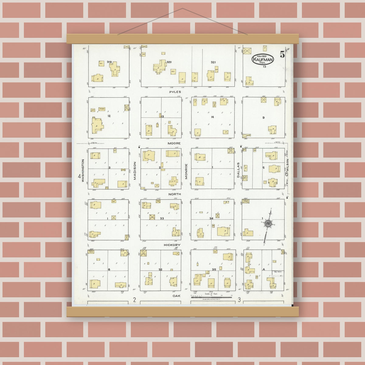 Old map wall art mockup — magnetic wood frame on brick wall — Sanborn Fire Insurance Map from Kaufman, Kaufman County, Texas (1920), Sheet #0005