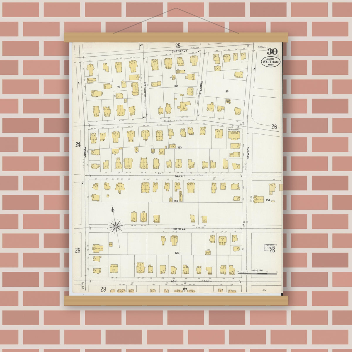 Old map wall art mockup — magnetic wood frame on brick wall — Sanborn Fire Insurance Map from Waltham, Middlesex County, Massachusetts (1903), Sheet #0030