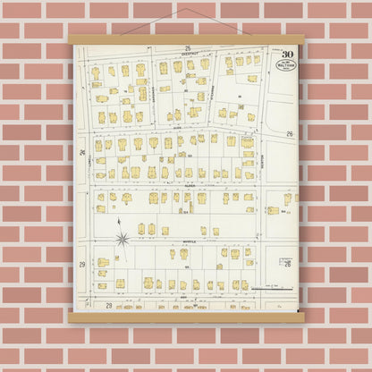 Old map wall art mockup — magnetic wood frame on brick wall — Sanborn Fire Insurance Map from Waltham, Middlesex County, Massachusetts (1903), Sheet #0030