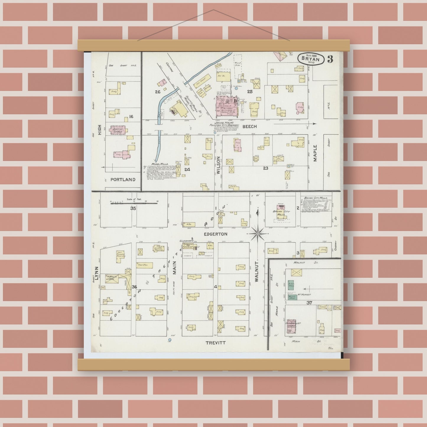 Old map wall art mockup — magnetic wood frame on brick wall — Sanborn Fire Insurance Map from Bryan, Williams County, Ohio (1888), Sheet #0003