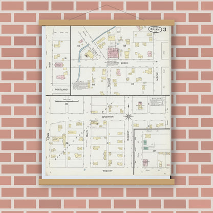 Old map wall art mockup — magnetic wood frame on brick wall — Sanborn Fire Insurance Map from Bryan, Williams County, Ohio (1888), Sheet #0003