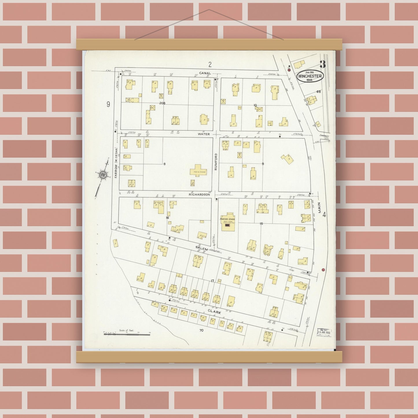 Old map wall art mockup — magnetic wood frame on brick wall — Sanborn Fire Insurance Map from Winchester, Middlesex County, Massachusetts (1916), Sheet #0003