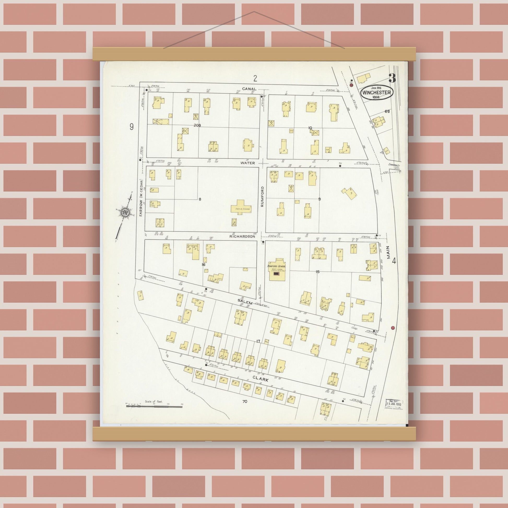 Old map wall art mockup — magnetic wood frame on brick wall — Sanborn Fire Insurance Map from Winchester, Middlesex County, Massachusetts (1916), Sheet #0003